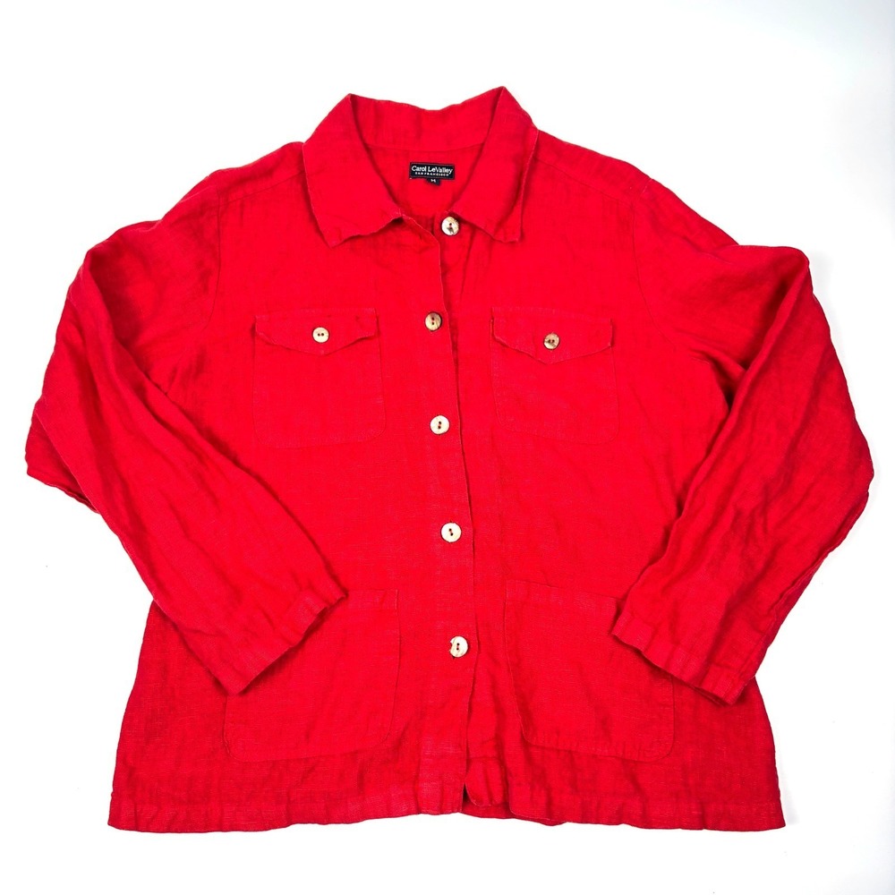 VTG Carol LeValley San Francisco Linen‎ Utility Jacket Womens Sz M Red Lightwt
